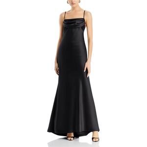 AQUA Satin and Lace Deep V-Back Long A-Line Evening Gown Black Size 8 Dress